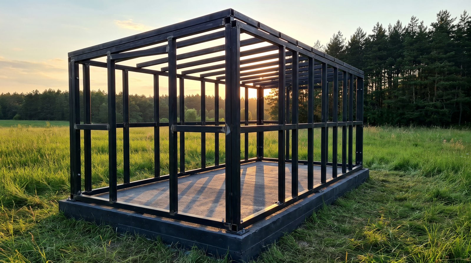 A black steel frame standing on a poured concrete slab in a meadow, with no cladding on it yet.