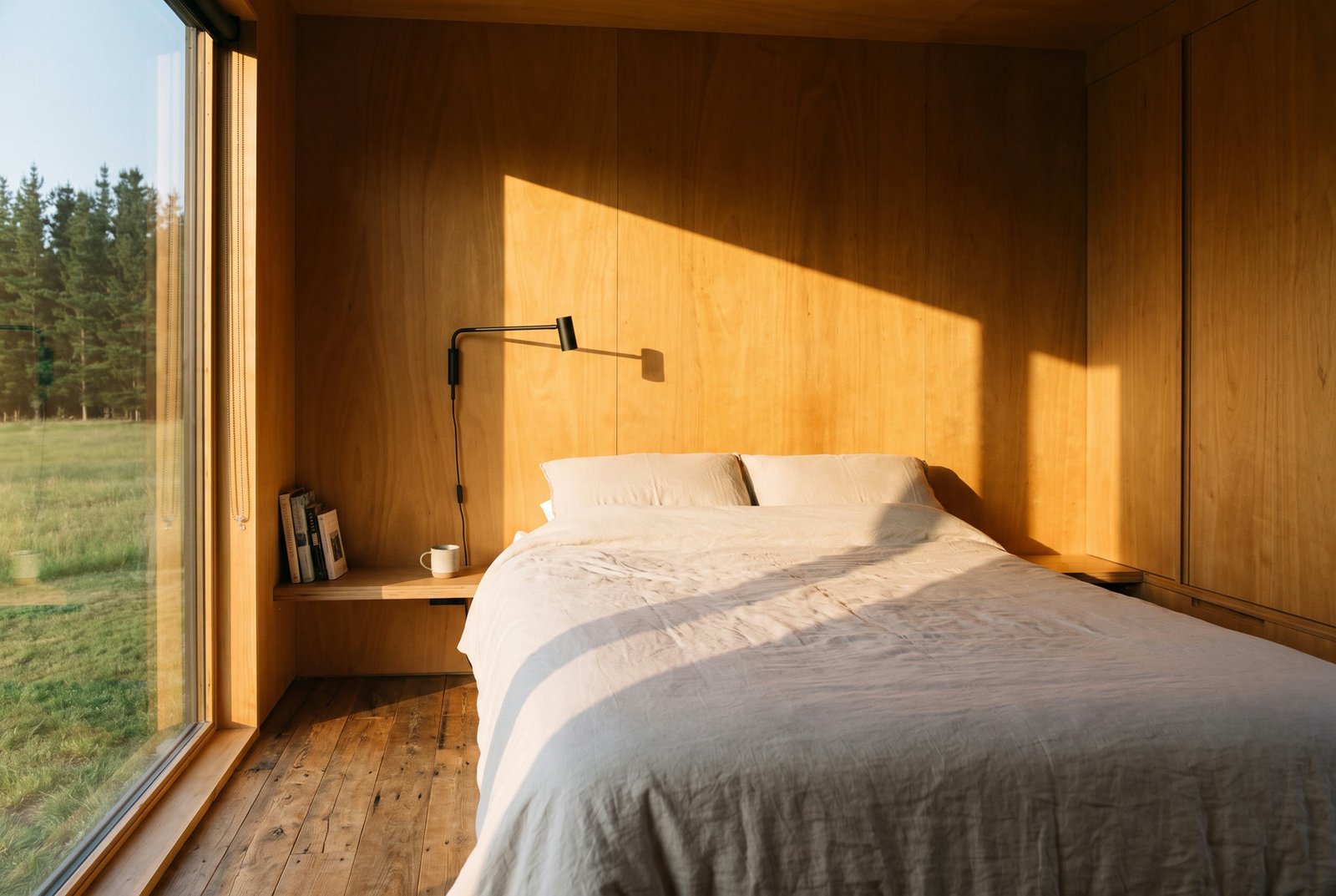 Bedroom with a double bed against a timber panelled wall and a window looking onto the meadow.