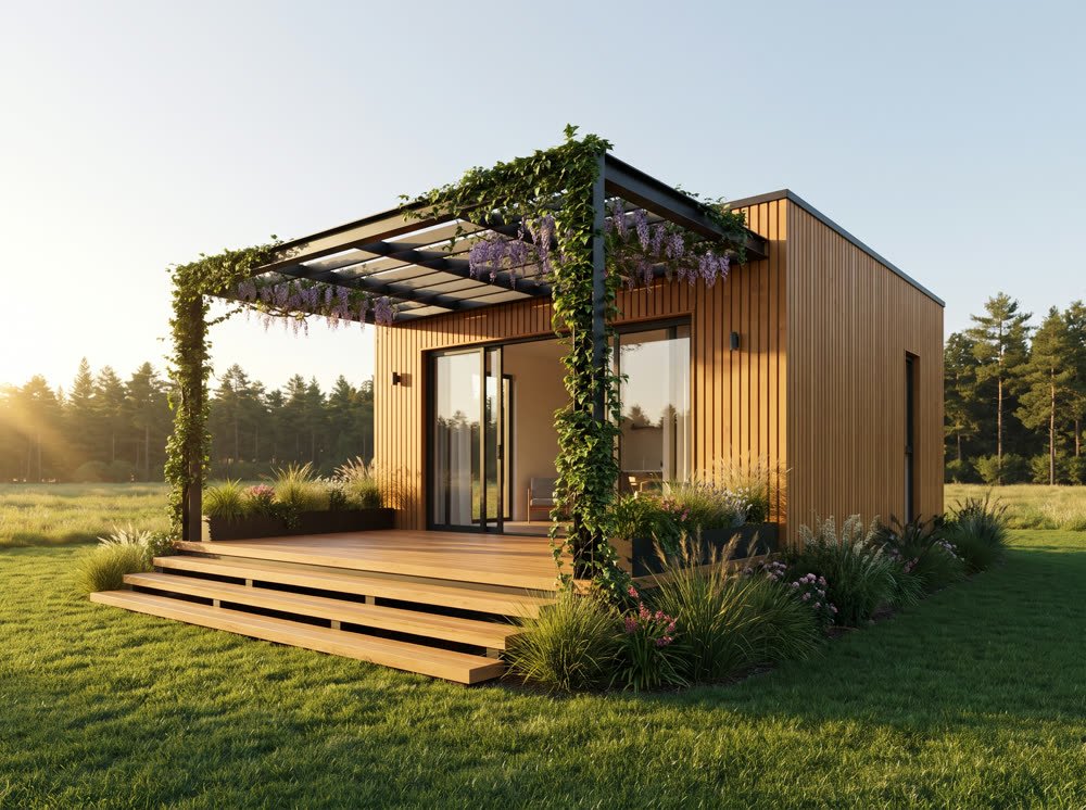 Terrace Home: a black steel pergola with climbing greenery extending over a large timber terrace.